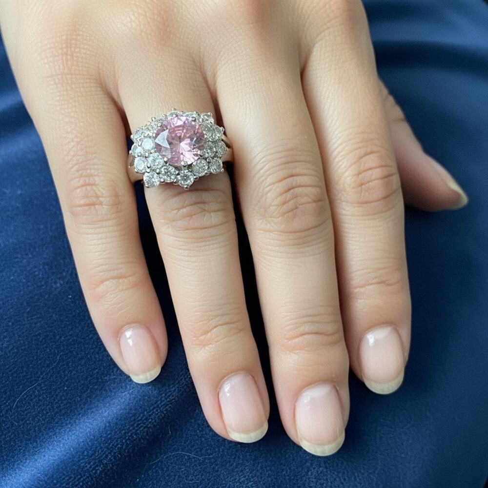 Vintage Pink Rose Quartz Diamond Ring Statement Cocktail